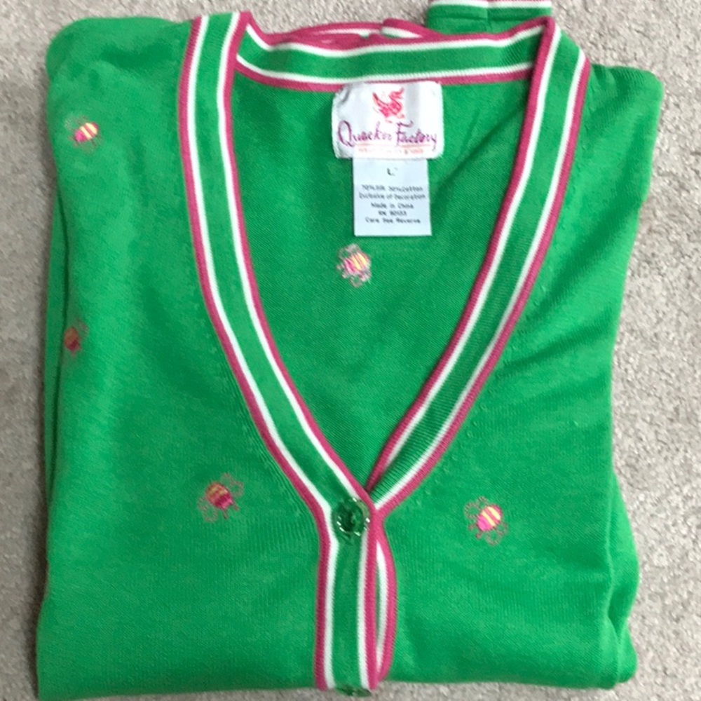Quacker Factory Green and Pink Bumble Bee Cardigan Sweater V-Neck Knit